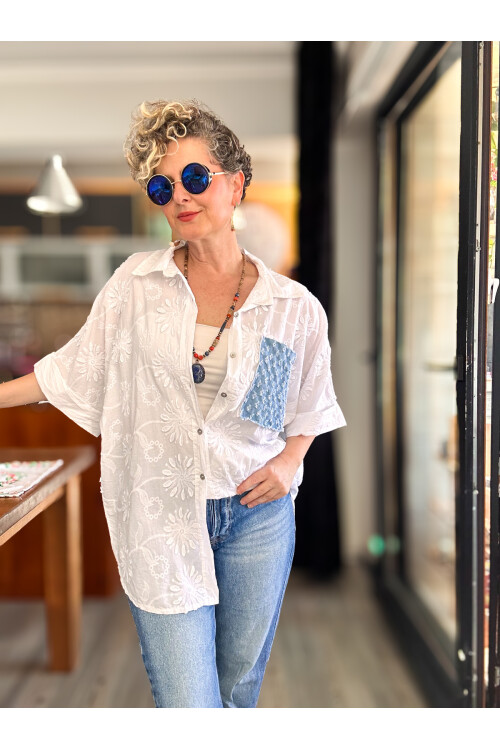 Makkis Kot Cep Detaylı İtalyan Brode Gömlek Beyaz