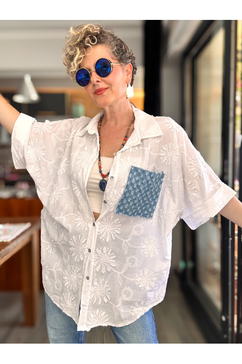 Makkis Kot Cep Detaylı İtalyan Brode Gömlek Beyaz
