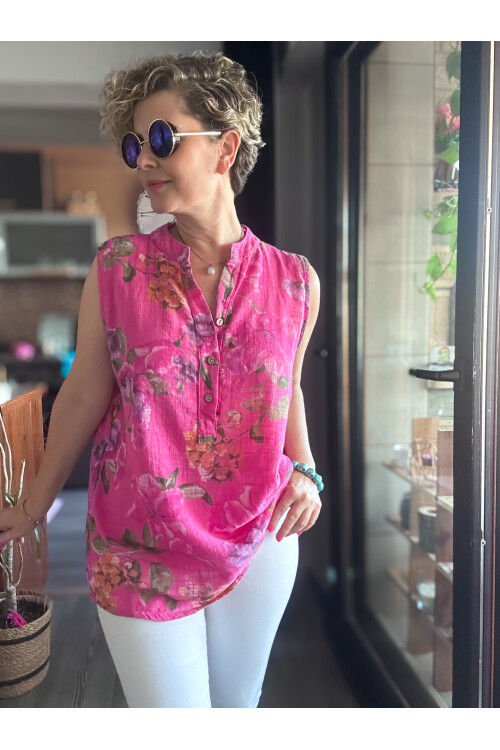 Massa Lilyum Desen Sıfır Kol İtalyan Bluz Fuşya