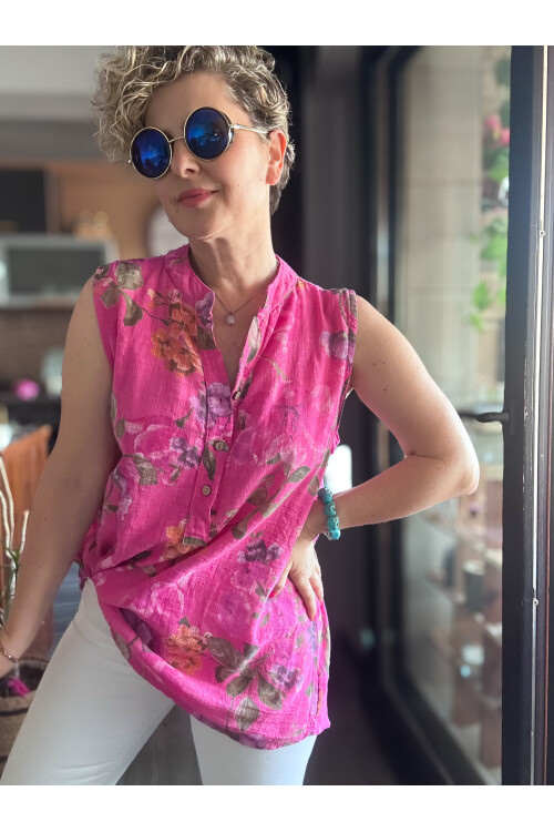 Massa Lilyum Desen Sıfır Kol İtalyan Bluz Fuşya