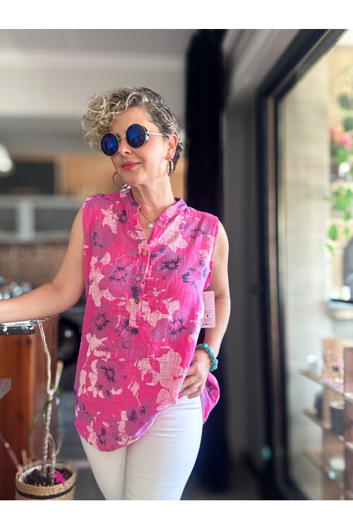 Massa Lotus Desen Sıfır Kol İtalyan Bluz Fuşya