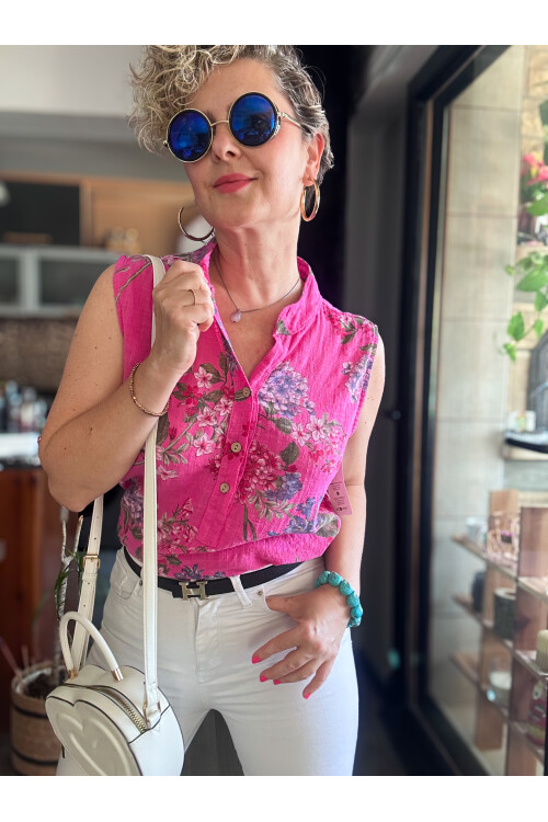 Massa Ortanca Desen Sıfır Kol İtalyan Bluz Fuşya