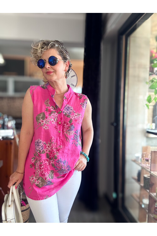 Massa Ortanca Desen Sıfır Kol İtalyan Bluz Fuşya