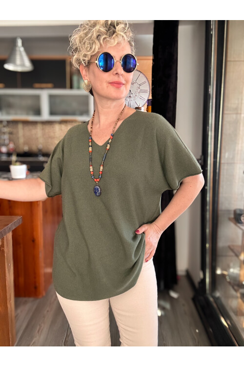 Maste İtalyan Oval Kesim Triko Bluz Haki