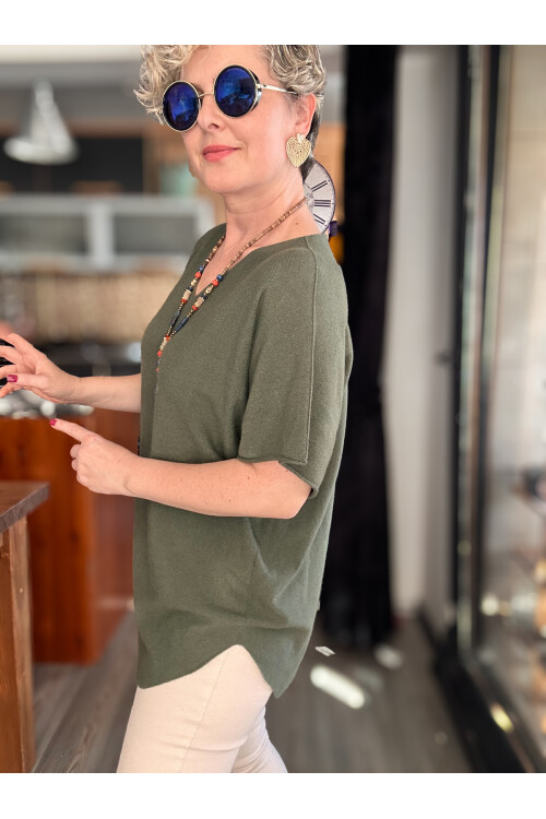 Maste İtalyan Oval Kesim Triko Bluz Haki