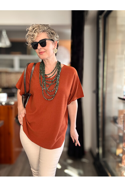 Maste İtalyan Oval Kesim Triko Bluz Kiremit