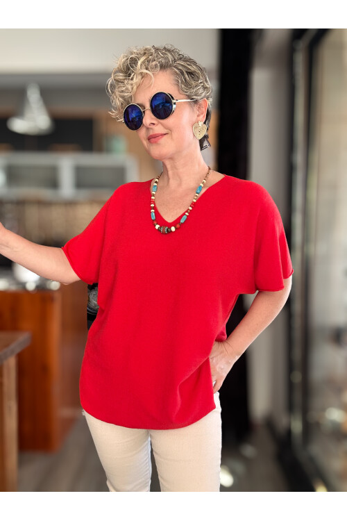 Maste İtalyan Oval Kesim Triko Bluz Kırmızı