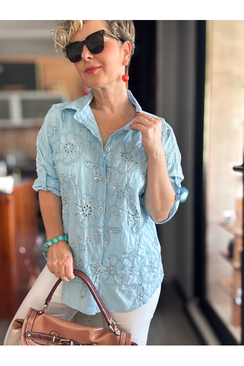 Melly İtalyan Fisto Pul Detay Gömlek Bebe Mavi