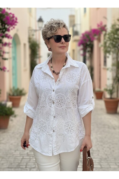 Melly İtalyan Fisto Pul Detay Gömlek Beyaz