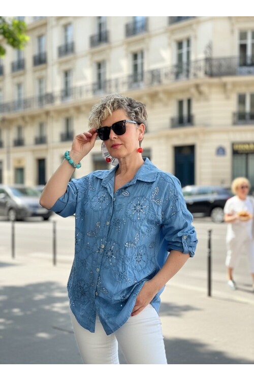 Melly İtalyan Fisto Pul Detay Gömlek İndigo Mavi