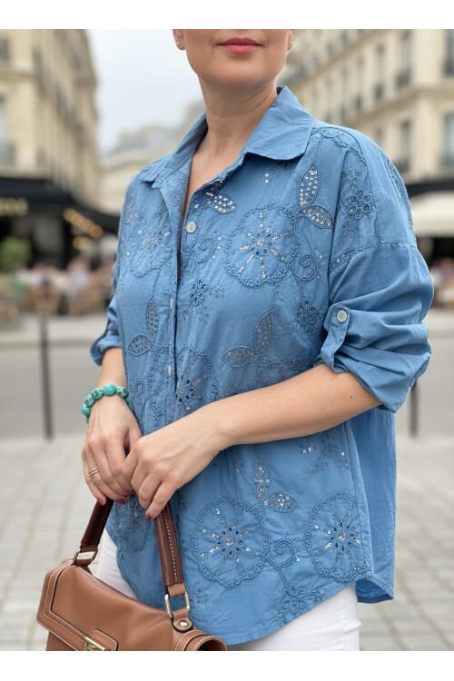 Melly İtalyan Fisto Pul Detay Gömlek İndigo Mavi