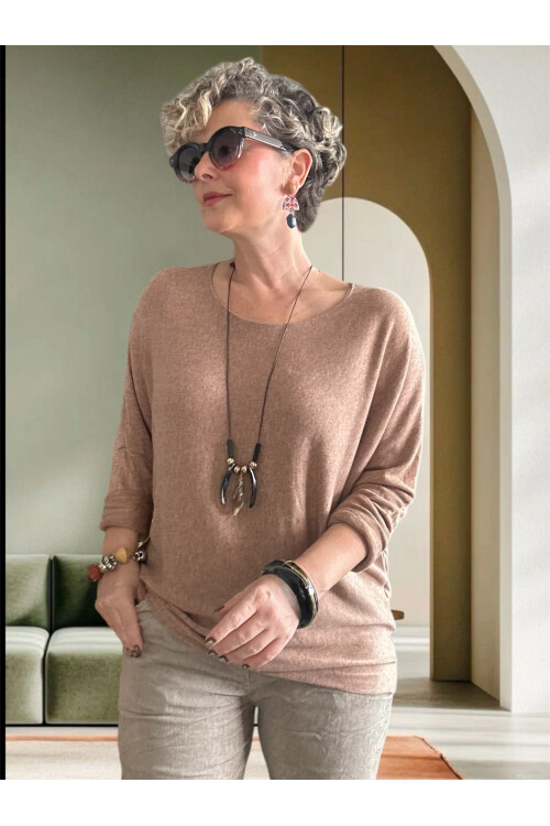 Mezzo İtalyan Kolyeli Tasarım Triko Bluz Camel