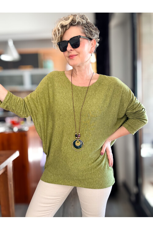 Mezzo İtalyan Kolyeli Tasarım Triko Bluz Fıstık Yeşil