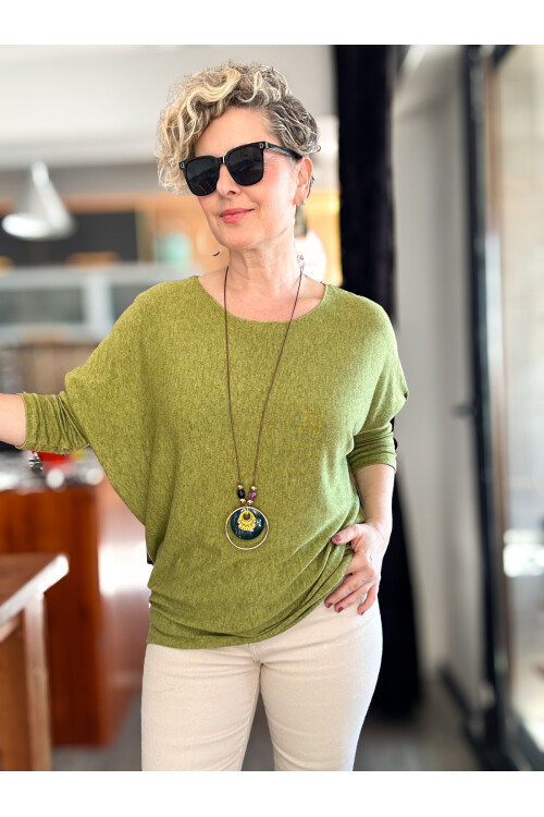 Mezzo İtalyan Kolyeli Tasarım Triko Bluz Fıstık Yeşil