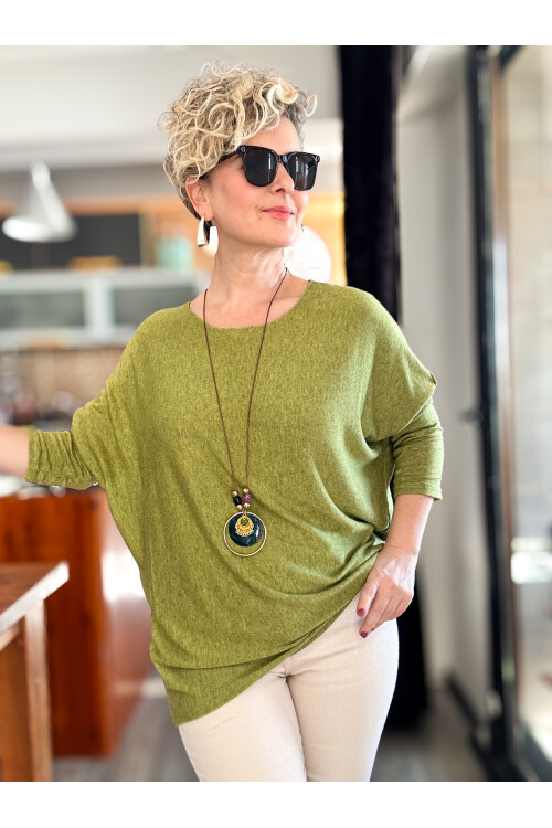 Mezzo İtalyan Kolyeli Tasarım Triko Bluz Fıstık Yeşil