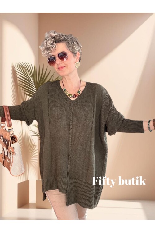 Mudy Tasarım Oversize Triko Tunik Haki Yeşil