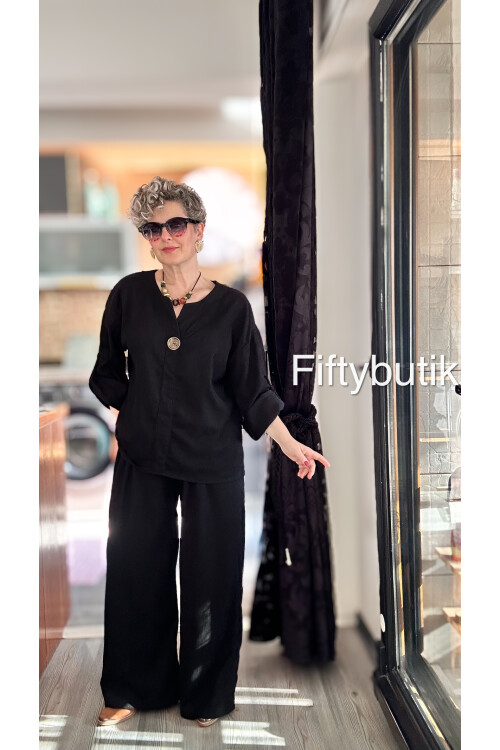 Natte İnce Fitil Düğme Detay Oversize Takım Siyah