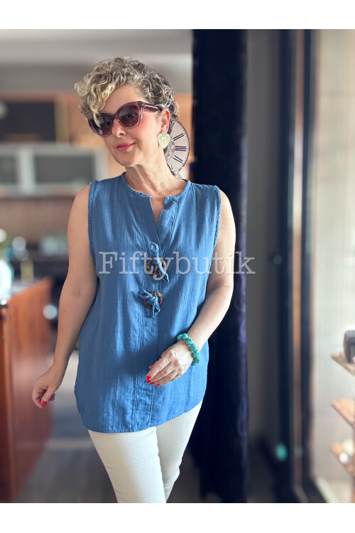 Neggi Tasarım Tokalı Bluz İndigo Mavi