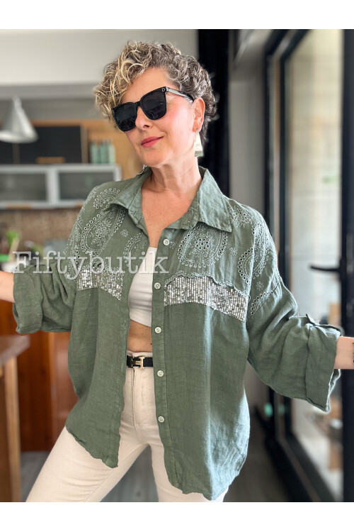 Negroni İtalyan Vip Pul Payet Detay Gömlek Ceket Haki