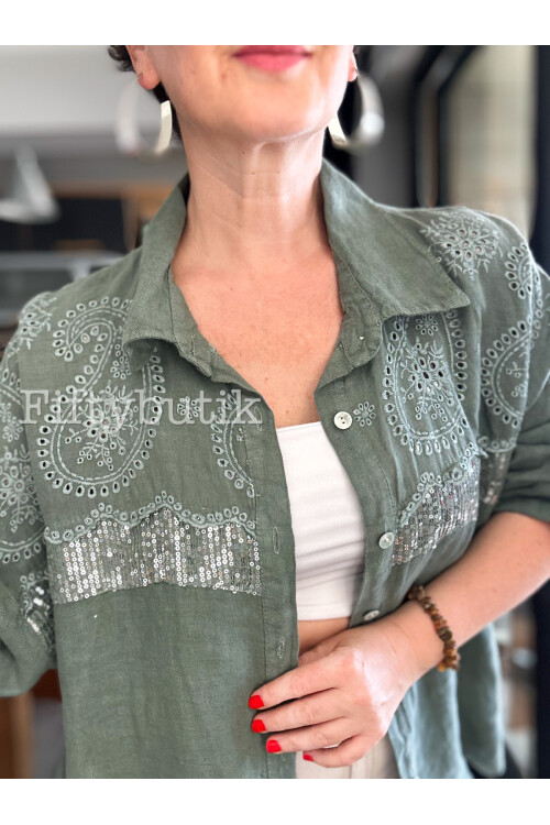 Negroni İtalyan Vip Pul Payet Detay Gömlek Ceket Haki