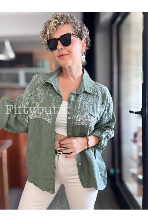 Negroni İtalyan Vip Pul Payet Detay Gömlek Ceket Haki