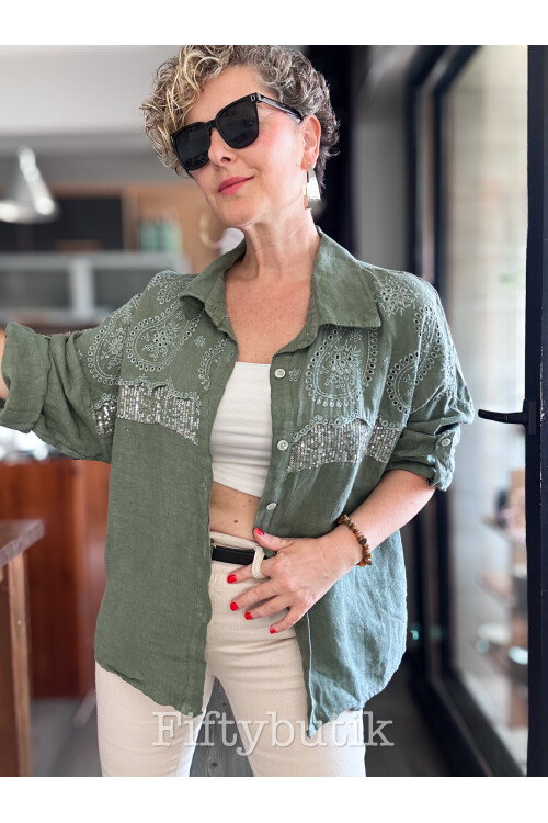 Negroni İtalyan Vip Pul Payet Detay Gömlek Ceket Haki