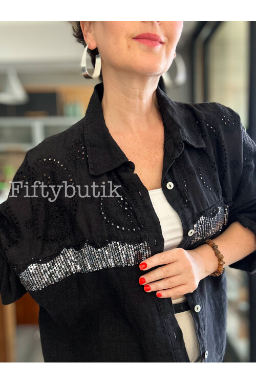 Negroni İtalyan Vip Pul Payet Detay Gömlek Ceket Siyah