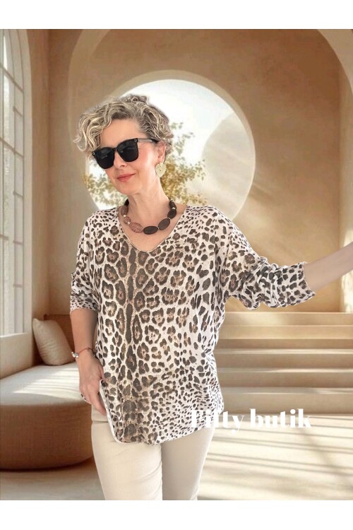 Nerro İtalyan Varak Baskı Leopar Bluz Beyaz