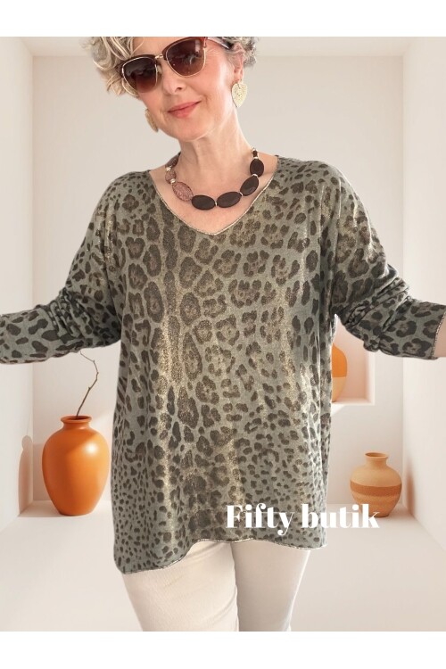 Nerro İtalyan Varak Baskı Leopar Bluz Haki