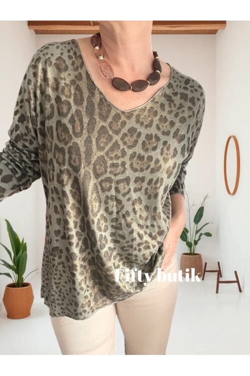 Nerro İtalyan Varak Baskı Leopar Bluz Haki