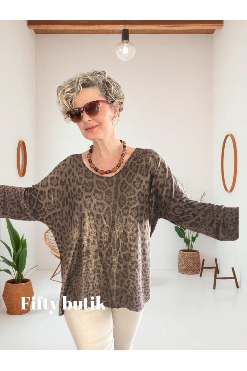 Nerro İtalyan Varak Baskı Leopar Bluz Kahve