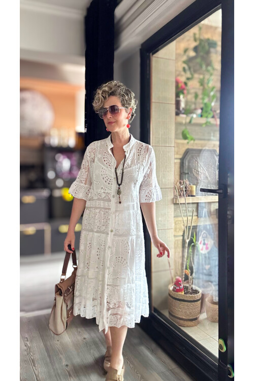 Nessi İtalyan Brode Gömlek Elbise Beyaz