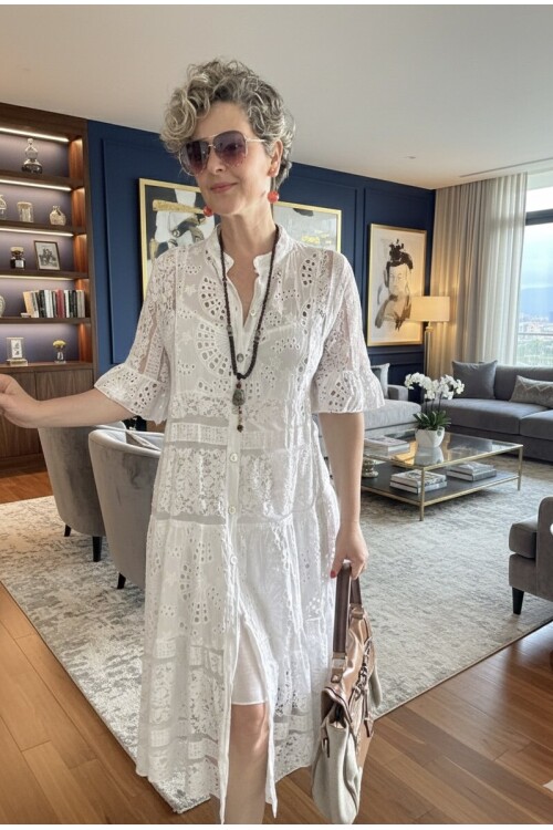 Nessi İtalyan Brode Gömlek Elbise Beyaz