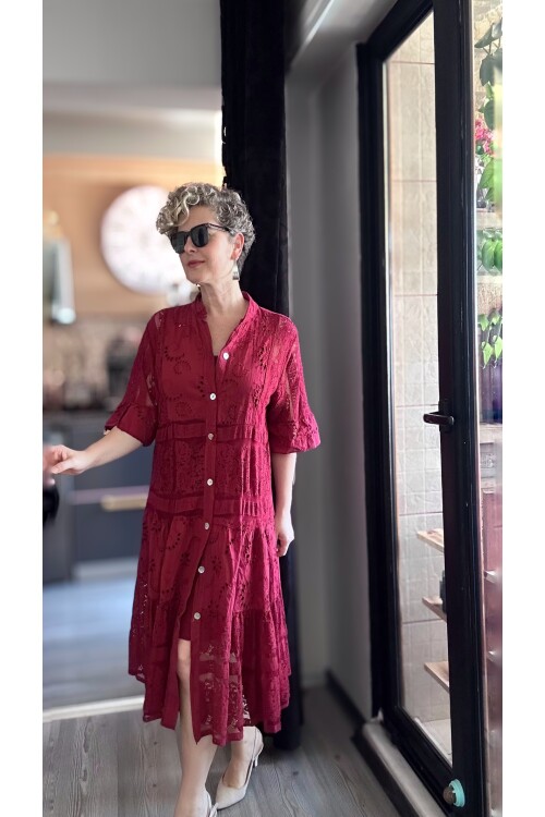 Nessi İtalyan Brode Gömlek Elbise Bordo