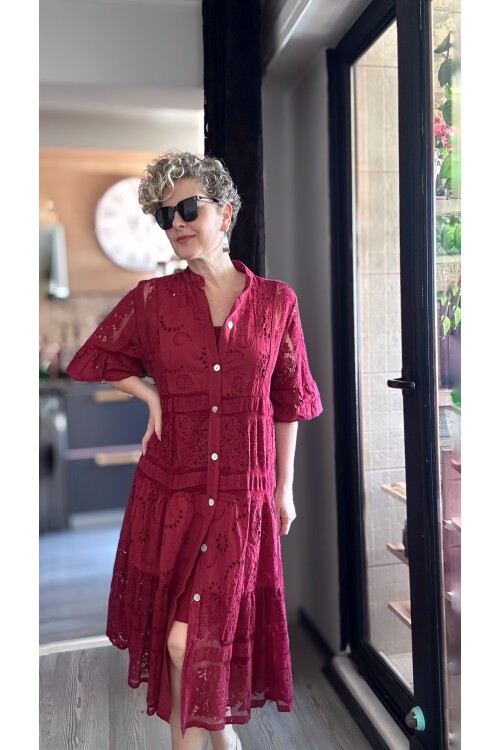 Nessi İtalyan Brode Gömlek Elbise Bordo