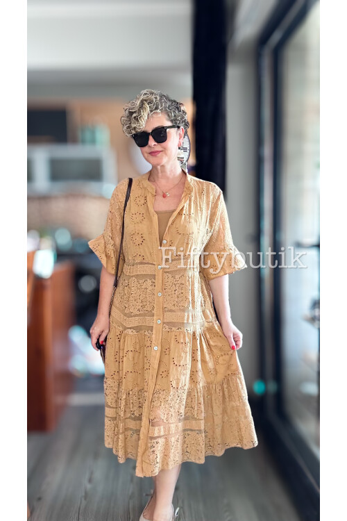 Nessi İtalyan Brode Gömlek Elbise Cappuccino