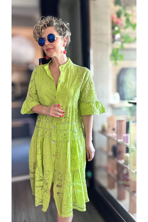 Nessi İtalyan Brode Gömlek Elbise Fıstık Yeşil