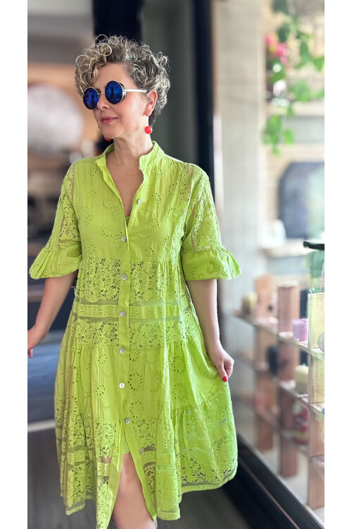 Nessi İtalyan Brode Gömlek Elbise Fıstık Yeşil