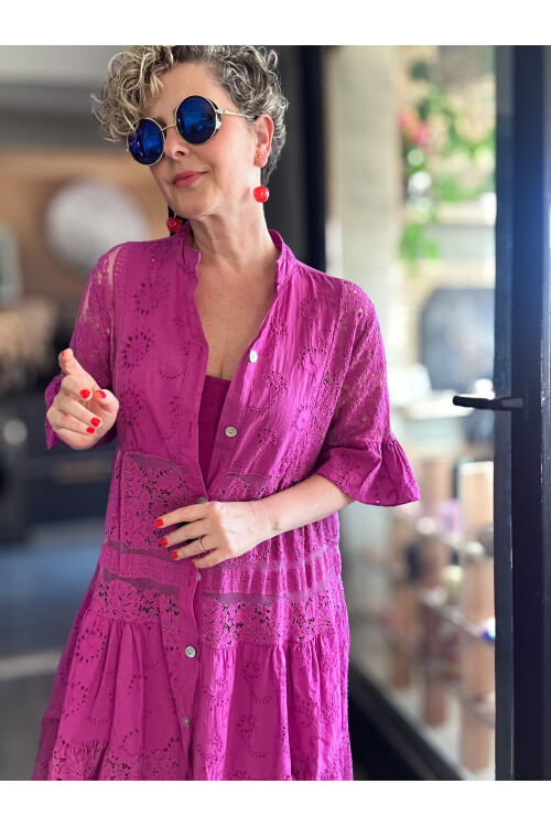 Nessi İtalyan Brode Gömlek Elbise Fuşya