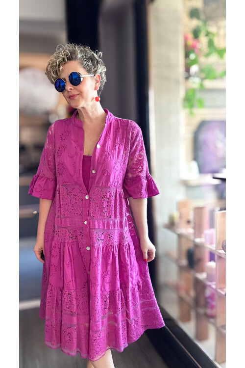 Nessi İtalyan Brode Gömlek Elbise Fuşya