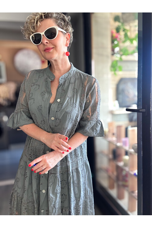 Nessi İtalyan Brode Gömlek Elbise Gri