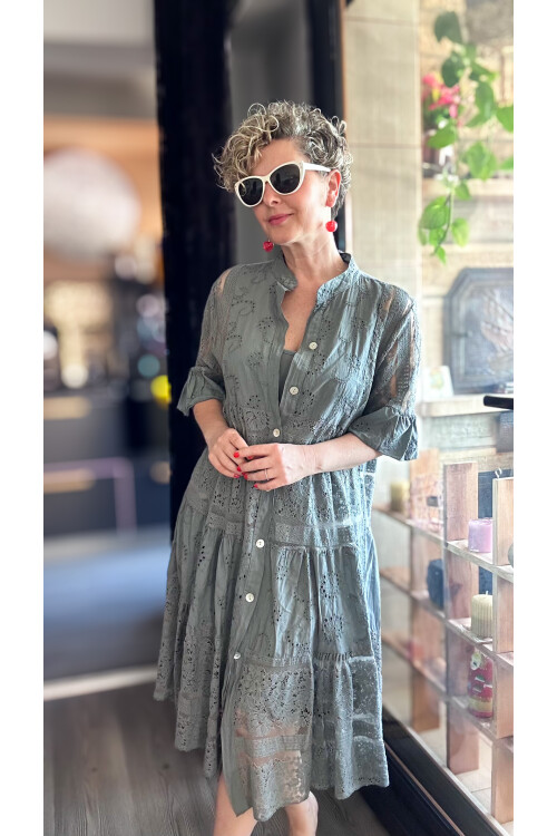 Nessi İtalyan Brode Gömlek Elbise Gri