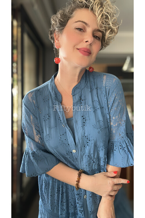 Nessi İtalyan Brode Gömlek Elbise İndigo Mavi