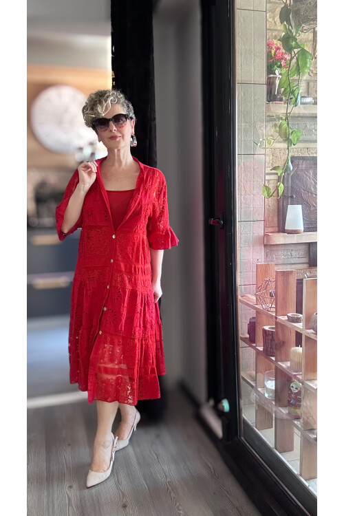 Nessi İtalyan Brode Gömlek Elbise Kırmızı