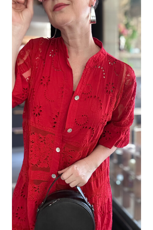 Nessi İtalyan Brode Gömlek Elbise Kırmızı