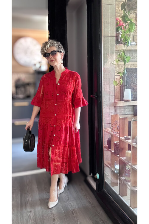 Nessi İtalyan Brode Gömlek Elbise Kırmızı