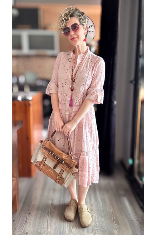 Nessi İtalyan Brode Gömlek Elbise Pudra