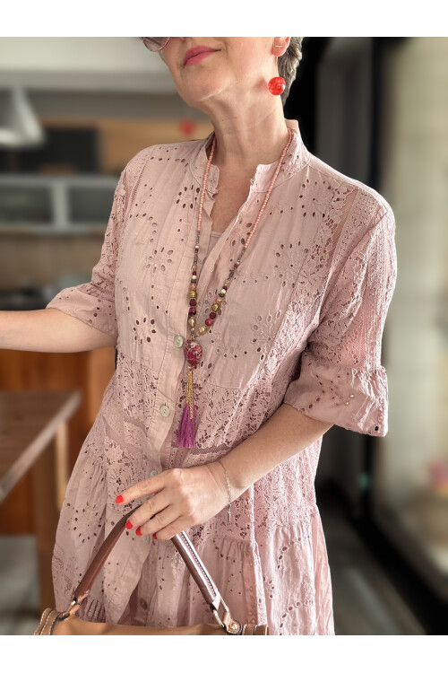 Nessi İtalyan Brode Gömlek Elbise Pudra