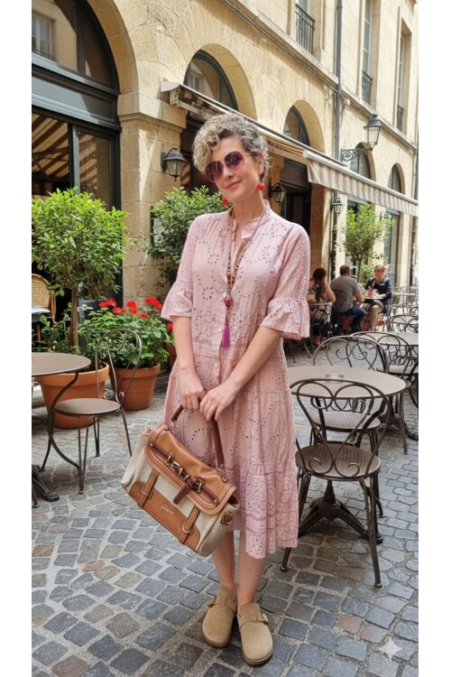 Nessi İtalyan Brode Gömlek Elbise Pudra