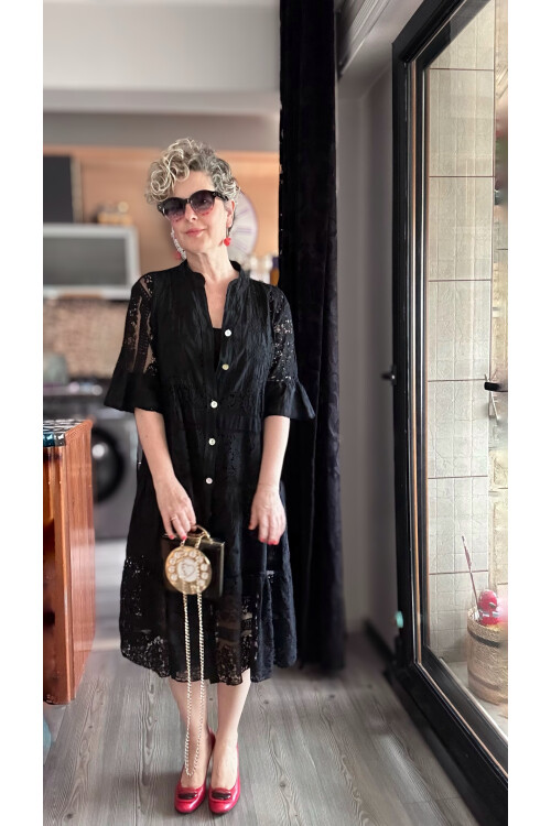 Nessi İtalyan Brode Gömlek Elbise Siyah